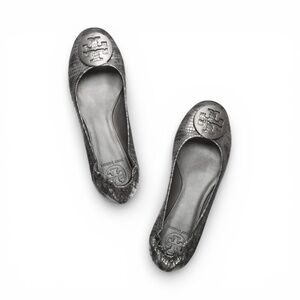 TORY BURCH Reva Lizard Metallic Black and Silver Leather Ballet Flats 8.5